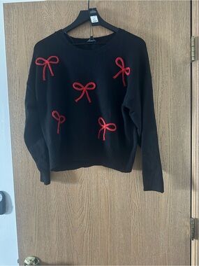 Fashion Nova Black Crewneck Sweater with Red Bow Accents
